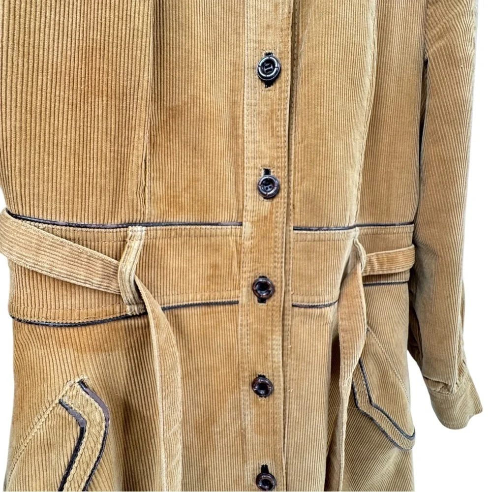 Vintage 70s Women's Trench Coat Corduroy Leather Trim Belted Brown Swing Skirt M - Picture 12 of 15